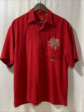BAMBOO Red Short-Sleeve Palm Embroidered Shirt